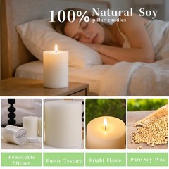 Ginitiri Ivory Rustic Textured Soy Pillar Candles 2.8X3 In Natural Unscented