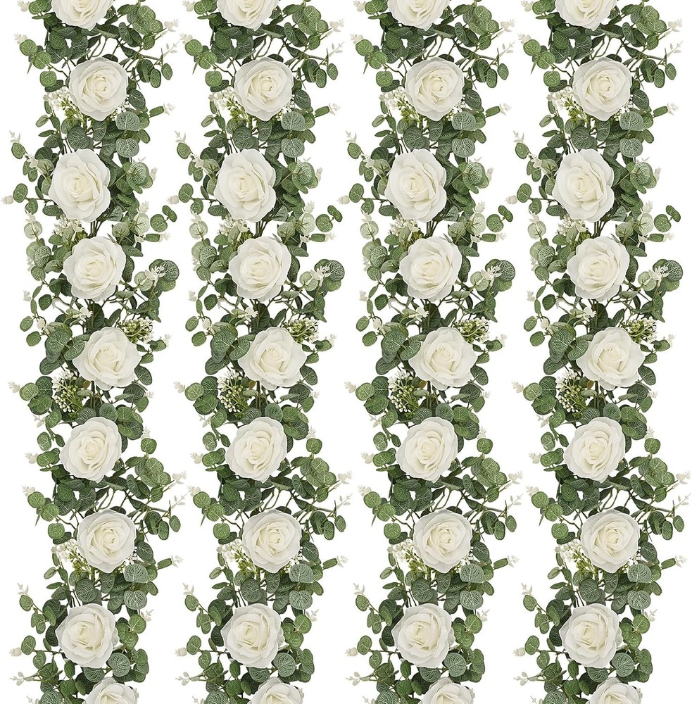 4Pcs 26Ft Artificial Eucalyptus Garlands with Flowers – 8 4 Pcs White Rose