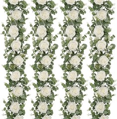 4Pcs 26Ft Artificial Eucalyptus Garlands with Flowers – 8 4 Pcs White Rose
