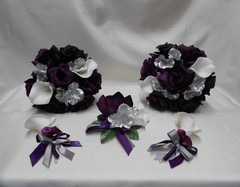 Silk Flower Wedding Bridal Bouquet Purple Plum Eggplant Silver Calla Lily 18 pcs