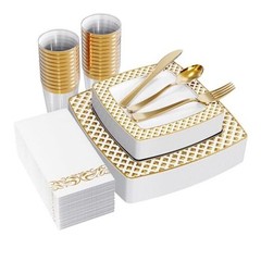 175 Ct Gold Dinnerware Set for 25 Guests – Square Gold Diamond Rim Plates
