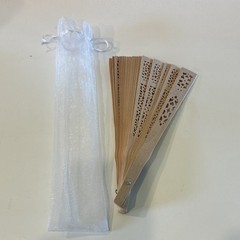 Beige Wood Folding Hand Fan Floral Lace Cutout w/ White Organza Bag Wedding