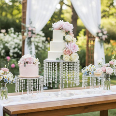 Acrylic Wedding Cake Stand Set – 3 Clear Round Stands with Crystal Pendants