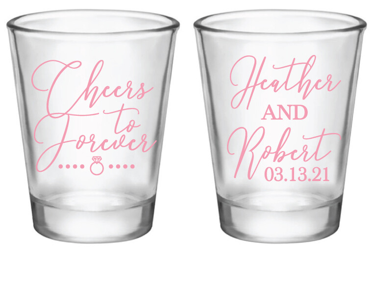 personalized wedding shot glasses, cheers to forever personalized wedding favors