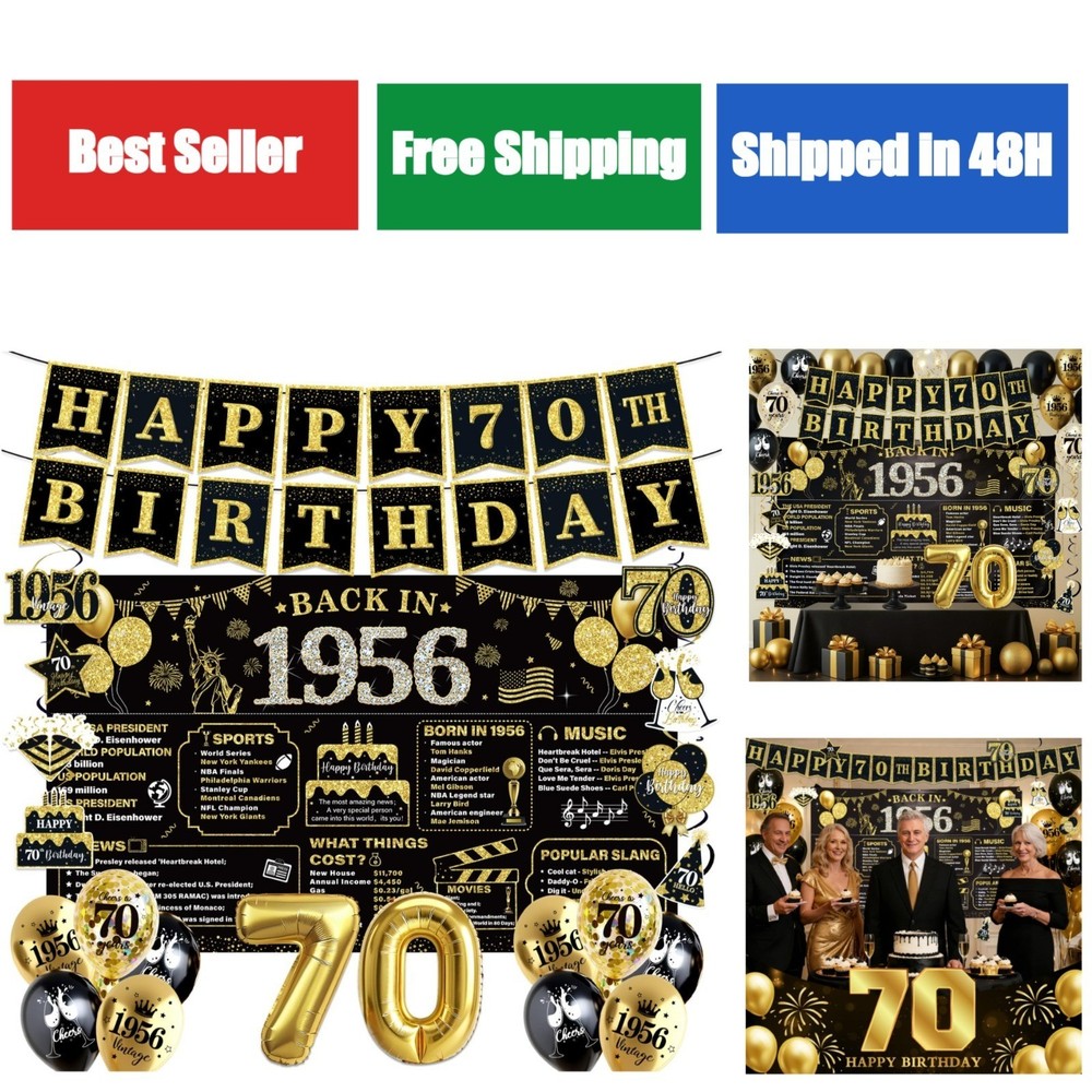 70th Birthday Decorations for Men – Black Gold Party Supplies Set
