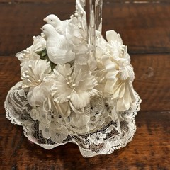Vintage Wedding Cake Topper Acrylic Heart Birds Doves Floral Lace 9”