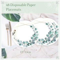 48 PCS Paper Placemats, Disposable Round Table Mats Greenery Eucalyptus Leaves