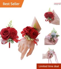 2 Pack Silk Flower Wrist Corsage & Boutonniere Set for Wedding Decor Red 3″