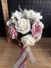 Bridal Bouquet Pink Cream Roses Lace Ribbon Shabby Chic Wedding Decor Prop
