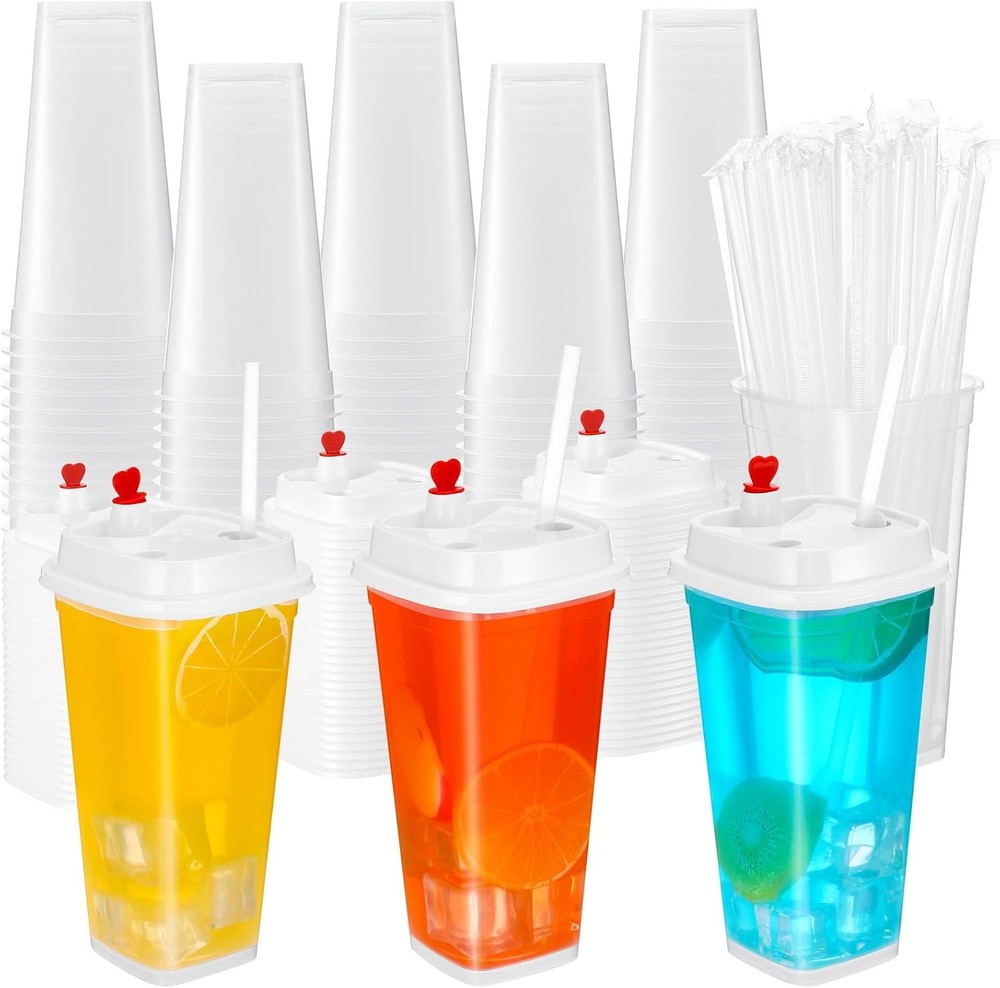 100 Pcs Square Plastic Cup with Lids and Straws 16 oz Clear Disposable Cold