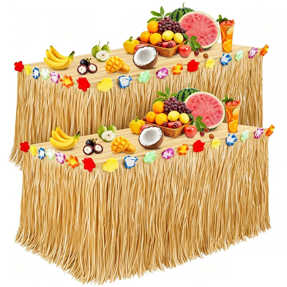 Luau Party Decorations, Grass Table Skirt for Large, 2PCS Straw Yellow