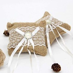 Hessian Burlap Lace Bridal Wedding Ring Pillow 10 x 8cm Small Vintage Burlap