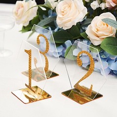 5 CLEAR GOLD 5″ Hexagon ACRYLIC STANDS TABLE NUMBERS Holders Party Decorations