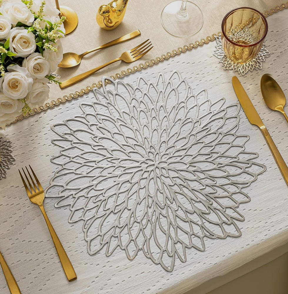 4 Silver Vinyl Placemats & 4 Matching Coasters, Table Decor, 8 Pc Set