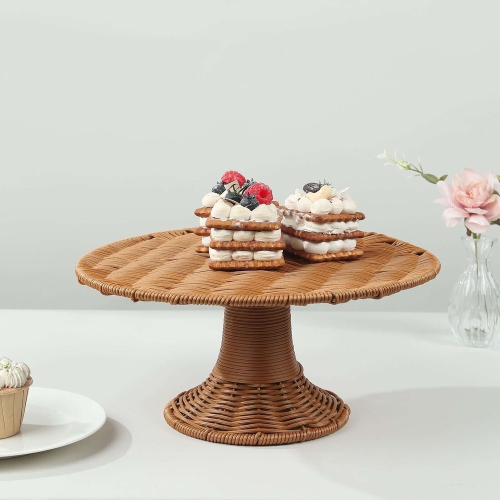 12″ NATURAL Plastic Rattan Wicker Pedestal Cake Stand Wedding Party Dessert