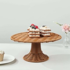 12″ NATURAL Plastic Rattan Wicker Pedestal Cake Stand Wedding Party Dessert