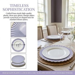 Grey Glossy Shagreen Charger Plates, 13 Inch Plastic Round Dinner Charger Pla…