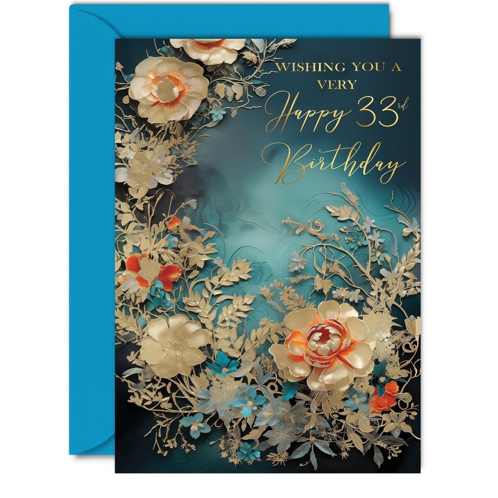 Beautiful Gold 33rd Birthday Cards for Women Men – Wonderful Golden Flowers -…