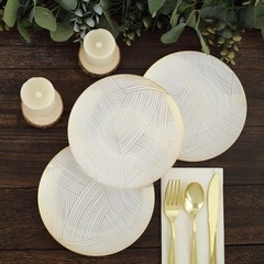 10 White 7″ Round Plastic Salad and Dinner Plates Gold Strokes Party Decorations