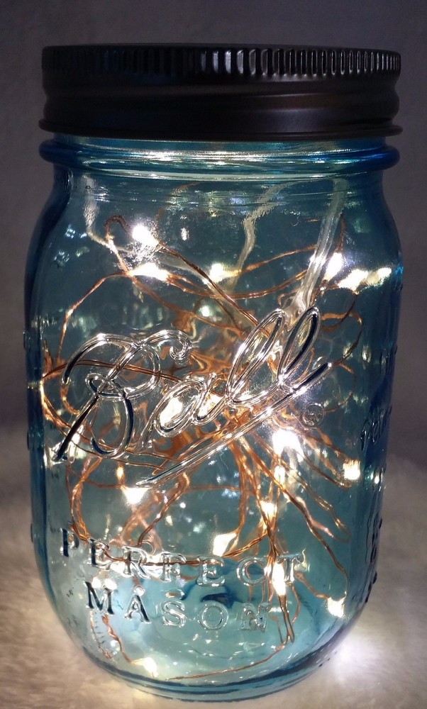 1 Pair Blue Pint Vintage Style Mason Jar w/ 30 Copper-wired Fairy Lights Lantern
