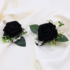 2Pcs Rose Corsage and Men Boutonniere 1 Boutonniere & 1 Wrist Corsage Black