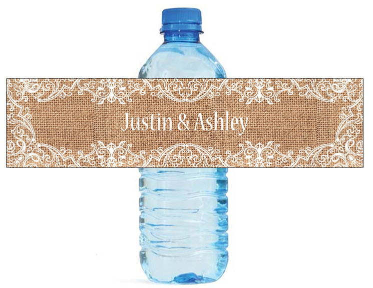 100 Burlap and Fancy Lace Frame Wedding Birthday Party Water Bottle Labels 8″x2″