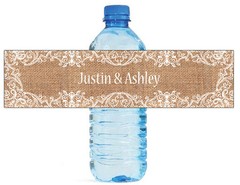 100 Burlap and Fancy Lace Frame Wedding Birthday Party Water Bottle Labels 8″x2″