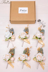 Champagne Boutonniere for Men, 6 Pcs Groom Groomsmen Boutonnieres, Artificial Fl