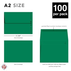 A2 Envelopes, 4 3/8″ x 5 3/4″, Green, Square Flap, 24w (90gsm), 100 per Pack