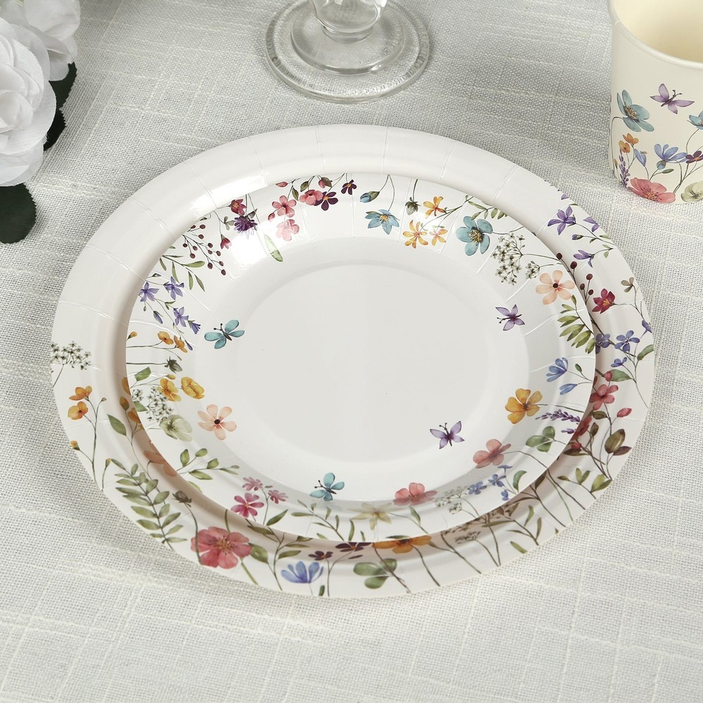 75 WHITE Wildflower Butterfly Print Paper Plates and Cups Set Wedding Events