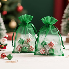25PCS Green Organza Bags – 5x7In Sheer Mesh Jewelry Pouches, Christmas Organza G
