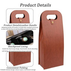 Brown Portable 2 Bottle PU Leather Wine Tote Carrier Insulated Cooler Bag