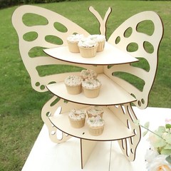 24″ NATURAL 3 Tier Butterfly Wooden CUPCAKE Dessert STAND Party Event Supplies