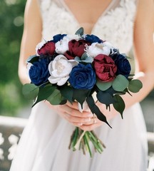Burgundy Navy Bridal Bouquet Sola Wood Wedding Flowers Red Wine Blue Bridesmaid