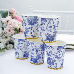 24 WHITE 9 oz Blue Floral Design Paper CUPS GOLD Rim Party Events Decorations