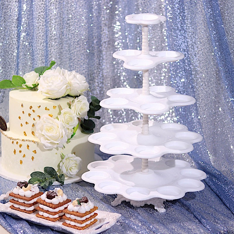 18″ WHITE 5 Tier Plastic Dessert Stand Scalloped CUPCAKE HOLDER Party Supplies