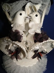 New Elegant Vintage Love Birds, double bells, black floral and white lace #55