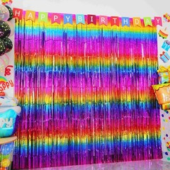 Pack of 4 Sparkly Neon Rainbow Foil Fringe Curtain Backdrop Metallic Streamer…