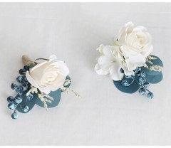 White Rose Corsage and Wristlet with Navy Teal and Blue Accents