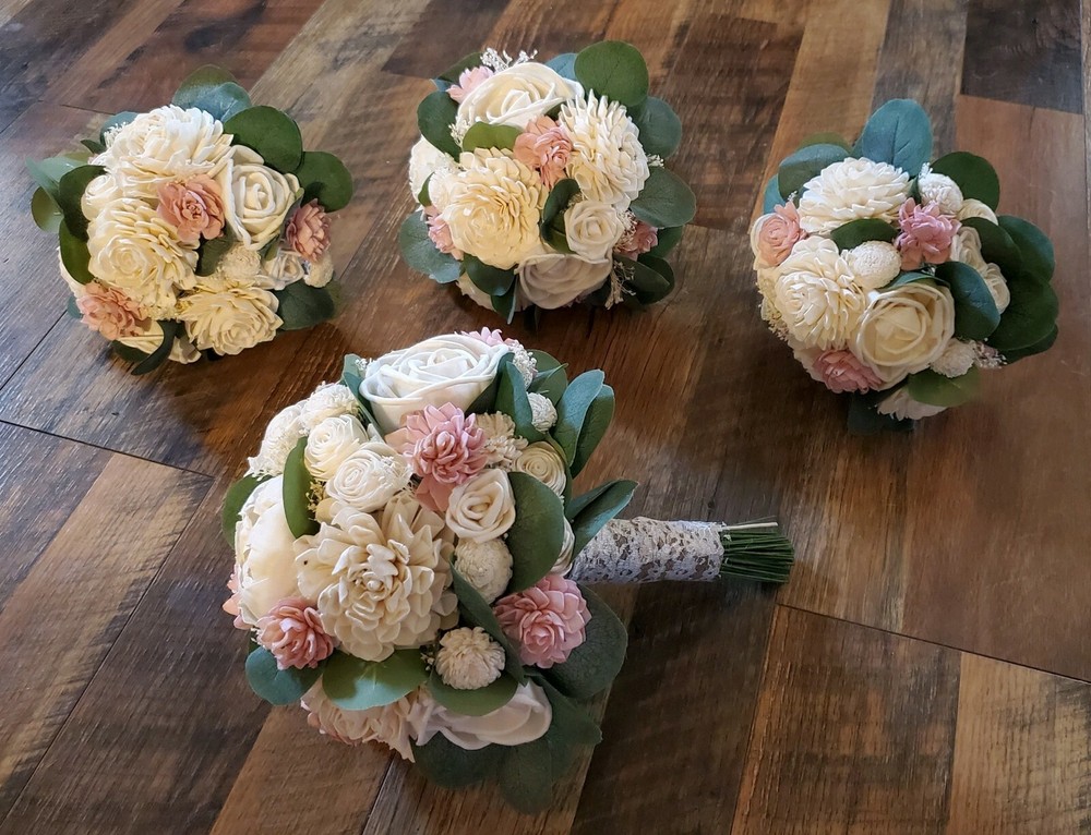 17PC Pink & White Sola Wood Flower Bridal Bouquet Bridesmaid Wedding Flower Set
