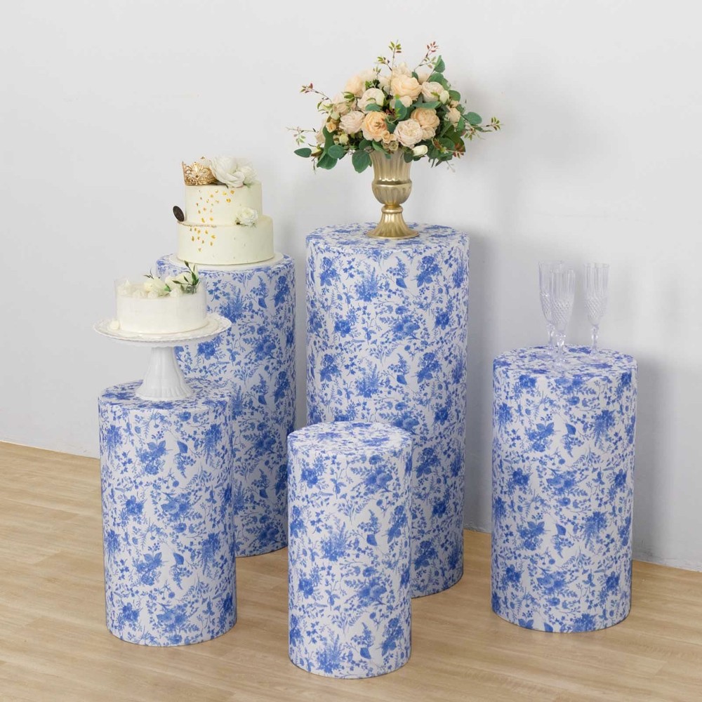 5 WHITE BLUE Fitted Spandex Cylinder Display Stand Covers with Floral Print