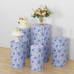 5 WHITE BLUE Fitted Spandex Cylinder Display Stand Covers with Floral Print