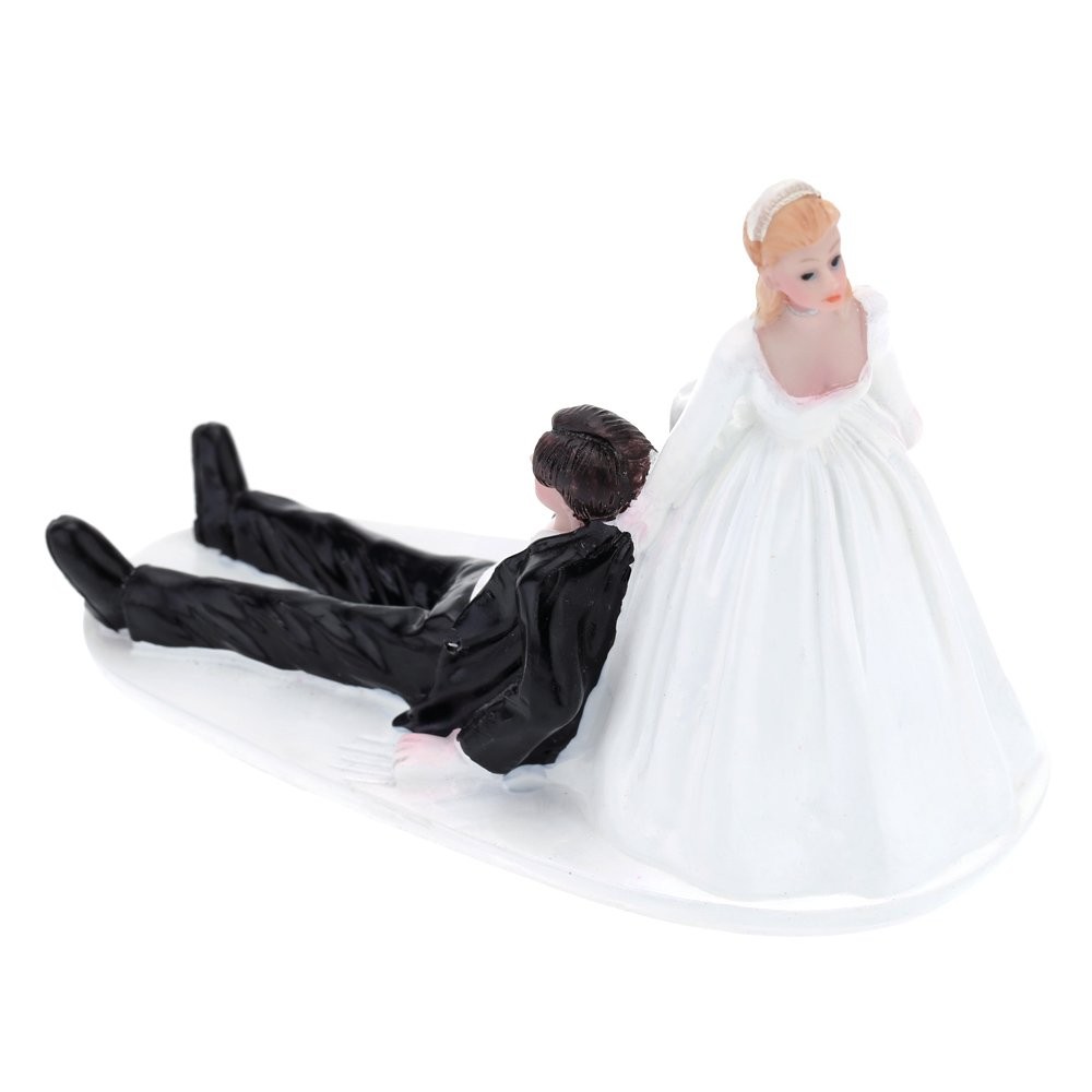 Funny Black and White Bride Dragging Groom Wedding Cake Topper Figurine