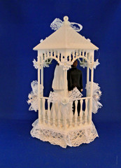 New Elegant Gazebo Wedding CakeTop, porcelain couple, pale blue #386