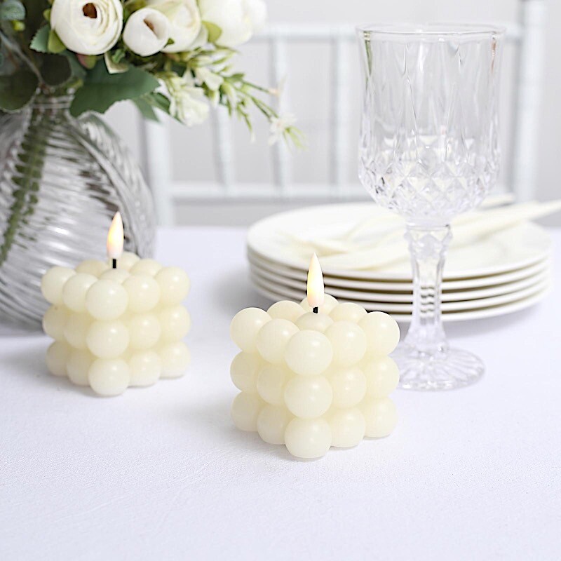 IVORY 2 Bubble Cube 2″ Flameless LED CANDLES Decorative Centerpieces Party Event