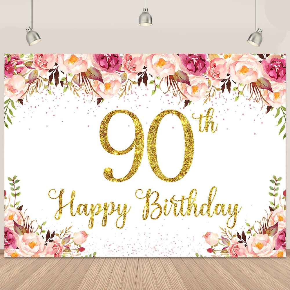 5x3Ft Happy 90th Birthday Backdrop for Women Floral Rose Happy Birthday Banne…