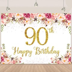 5x3Ft Happy 90th Birthday Backdrop for Women Floral Rose Happy Birthday Banne…