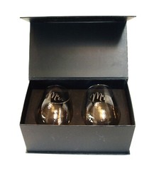 NEW, SWEETZER & ORANGE MR & MRS BRIDE AND GROOM STEMLESS SET OF 2 WINE GLASSES