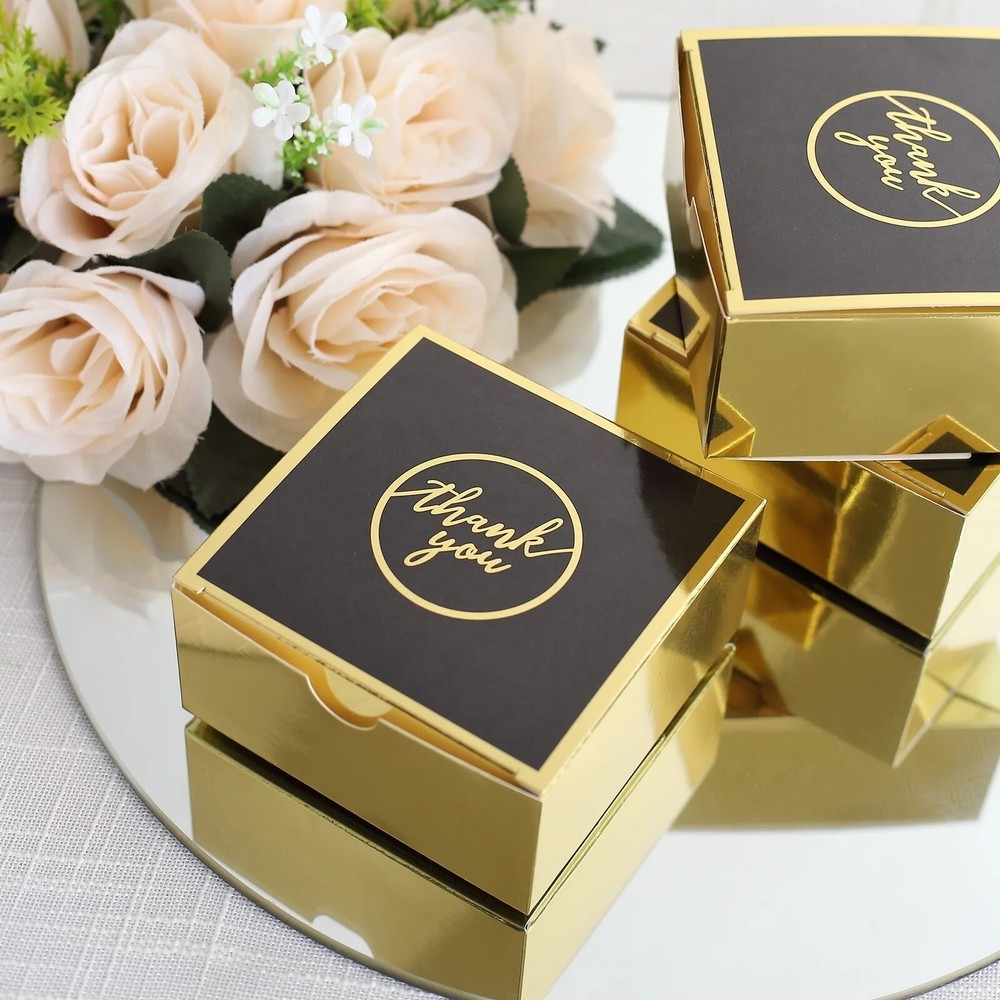 GOLD BLACK 25 Square 4″ x 4″ FAVOR BOXES Thank You Print Gift Holders Events