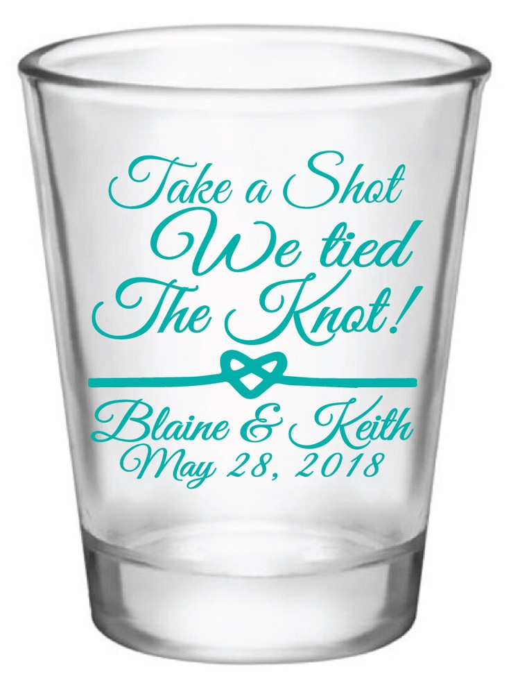 personalized wedding shot glasses, take a shot we tied the knot, wedding favors